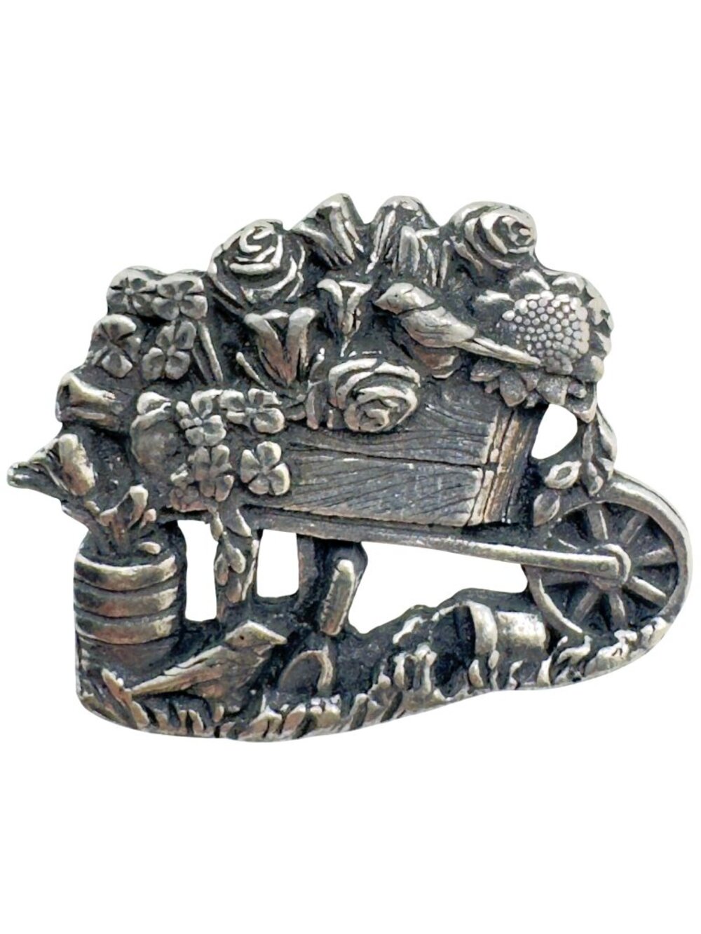 Vintage 2001 Birds & Blooms Pewter Garden Wheelbarrow Floral Brooch Pin